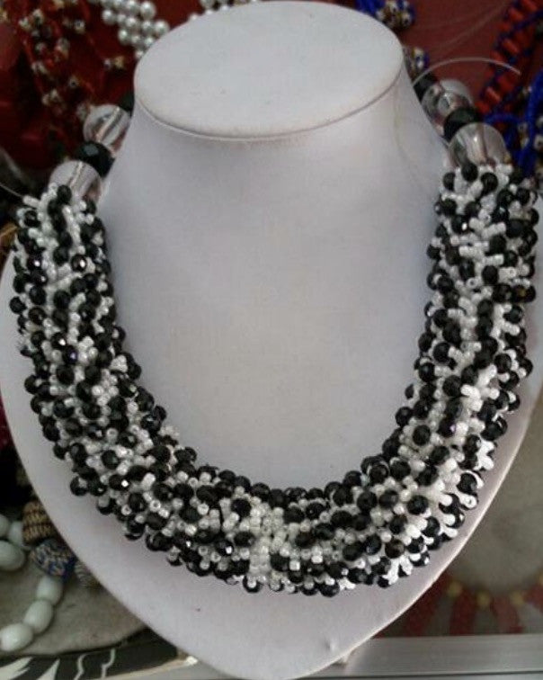 Black and White Beaded Ankara Necklace