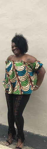 Off the Shoulder Beige and Green Ankara Top
