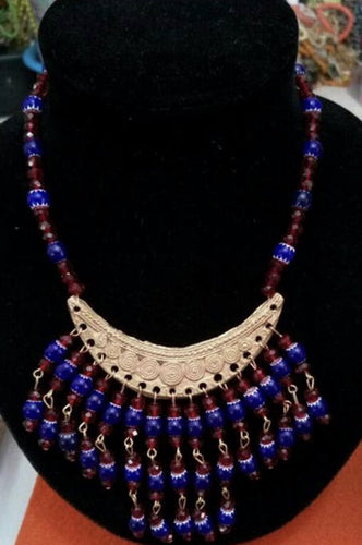 Blue and Red Beaded Ankara Bib Necklace