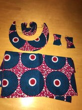 Red and Blue Ankara Circles Purse, Jewelry, and Headscarf Set