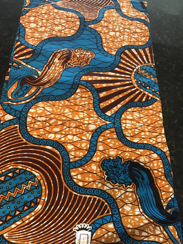 Orange Blue and Brown Sunrise Ankara Fabric