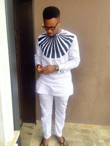 White and Blue Sunrise Ankara Men’s Top and Pant Set